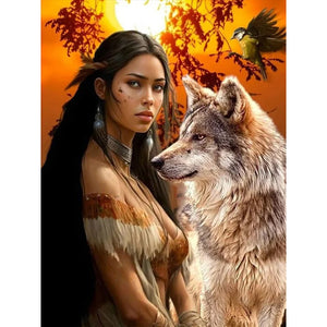 Indian Wolf Girl-Full Round Diamond Painting-30x40cm