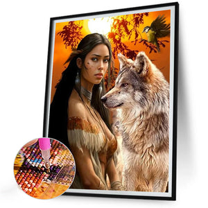 Indian Wolf Girl-Full Round Diamond Painting-30x40cm