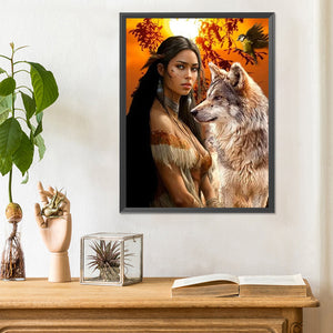 Indian Wolf Girl-Full Round Diamond Painting-30x40cm