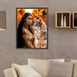 Indian Wolf Girl-Full Round Diamond Painting-30x40cm