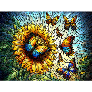 Stained Glass Sunflower Butterfly-Full Round Diamond Painting-40x30cm