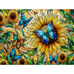 Stained Glass Sunflower Butterfly-Full Round Diamond Painting-40x30cm