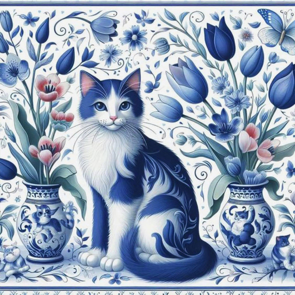 Blue And White Porcelain Cat-Full Round Diamond Painting-40x40cm