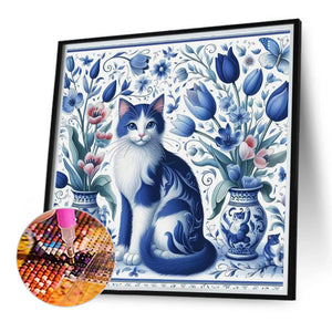 Blue And White Porcelain Cat-Full Round Diamond Painting-40x40cm