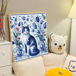 Blue And White Porcelain Cat-Full Round Diamond Painting-40x40cm