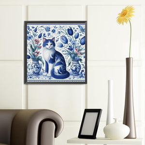 Blue And White Porcelain Cat-Full Round Diamond Painting-40x40cm