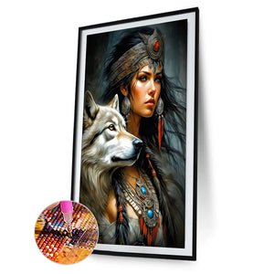 Woman And Wolf-Full Round Diamond Painting-40x60cm-Large Size