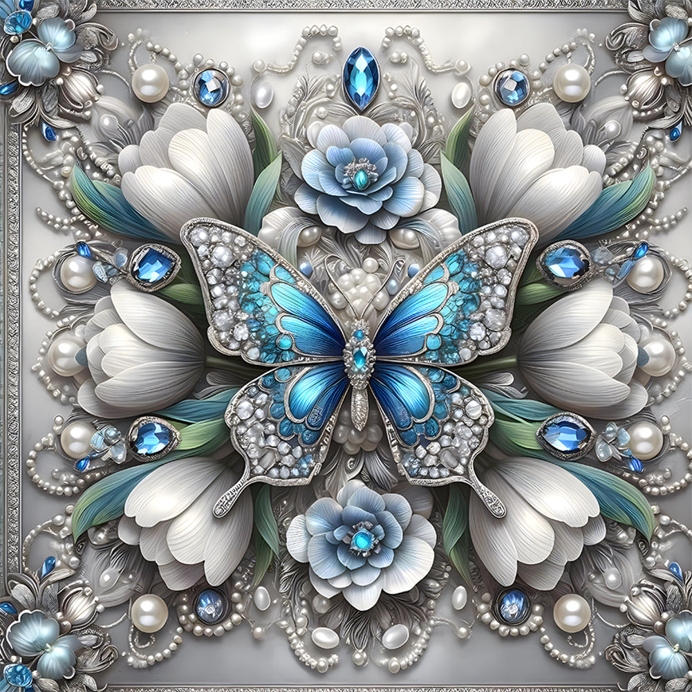 Butterfly Flowers-Full Round Diamond Painting-30x30cm