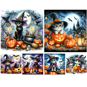 Halloween Cat-Full Round Diamond Painting-30x30cm