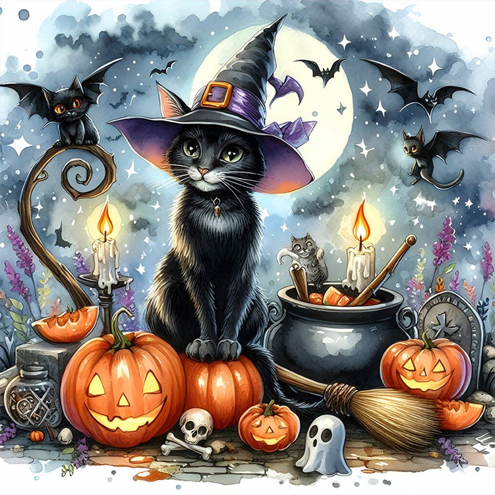 Halloween Cat-Full Round Diamond Painting-30x30cm