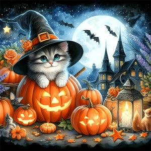 Halloween Cat-Full Round Diamond Painting-30x30cm