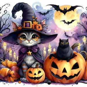 Halloween Cat-Full Round Diamond Painting-30x30cm