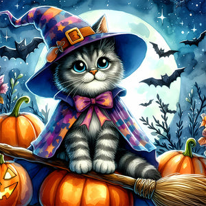 Halloween Cat-Full Round Diamond Painting-30x30cm