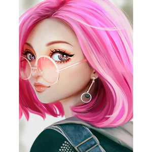 Pink Hair Girl-Full Round Diamond Painting-30x40cm