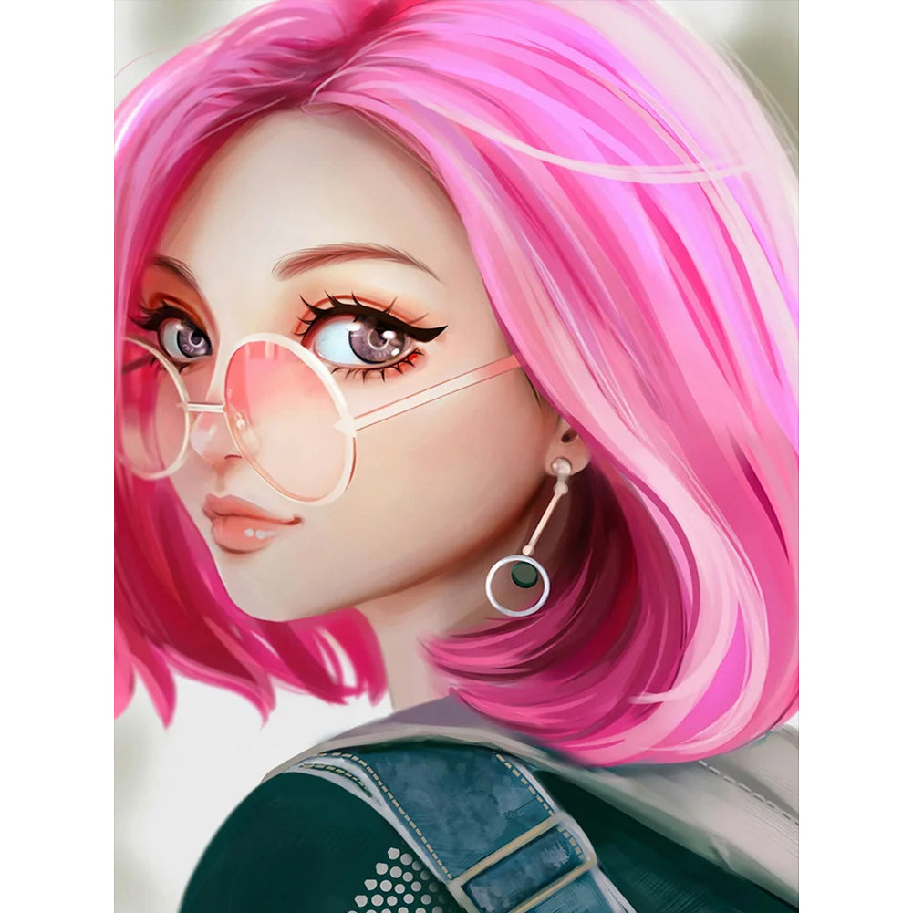 Pink Hair Girl-Full Round Diamond Painting-30x40cm