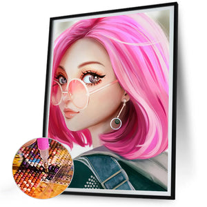 Pink Hair Girl-Full Round Diamond Painting-30x40cm