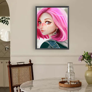 Pink Hair Girl-Full Round Diamond Painting-30x40cm