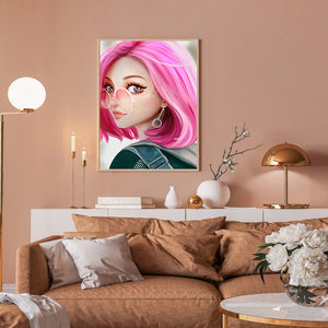 Pink Hair Girl-Full Round Diamond Painting-30x40cm