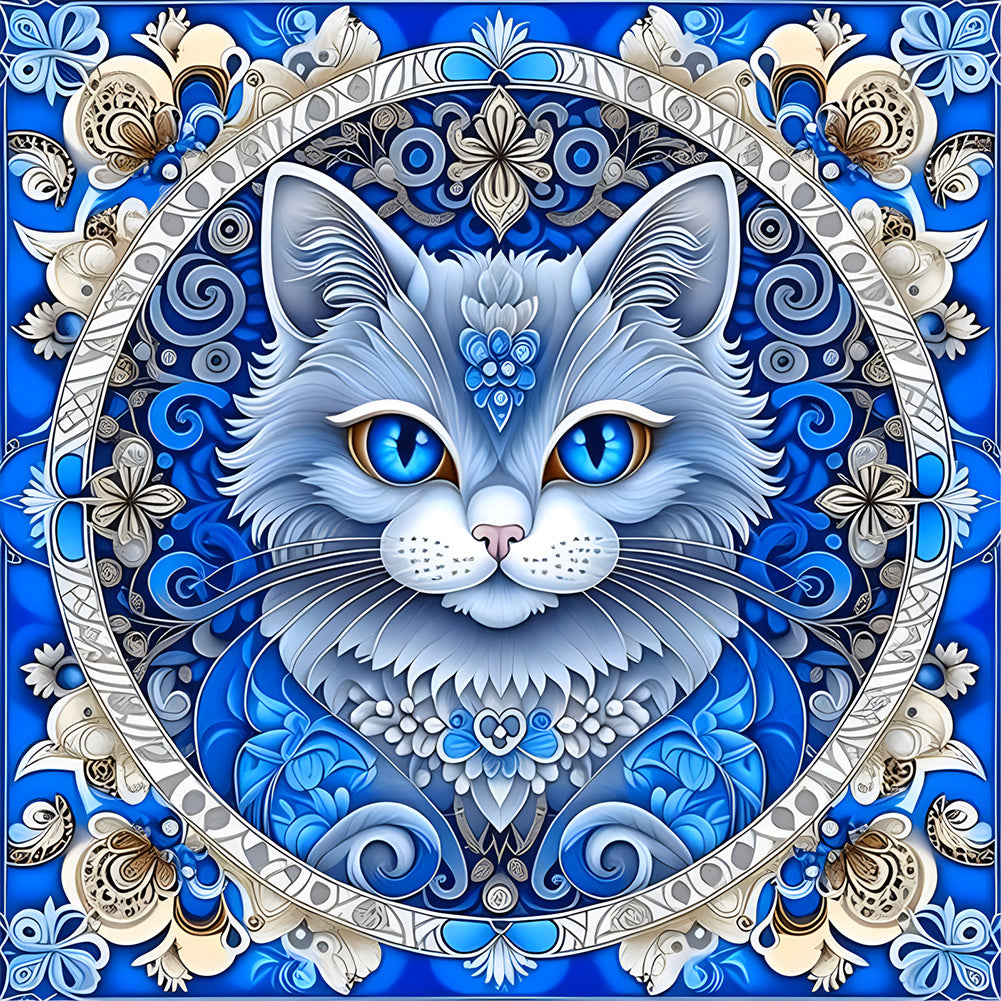 Mandala Pattern Cat-Full Round Diamond Painting-30x30cm