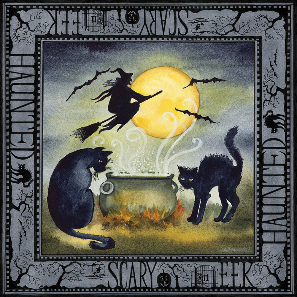 Halloween Skeleton Witch Cat-Full Round Diamond Painting-40x40cm