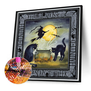 Halloween Skeleton Witch Cat-Full Round Diamond Painting-40x40cm