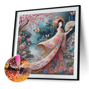 Kimono Beauty Holding Fan-Full Round Diamond Painting-40x40cm