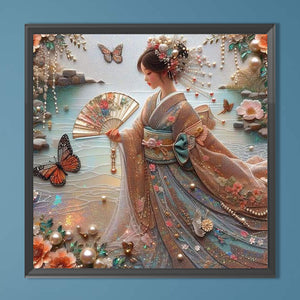 Kimono Beauty Holding Fan-Full Round Diamond Painting-40x40cm