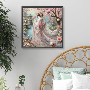 Kimono Beauty Holding Fan-Full Round Diamond Painting-40x40cm