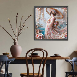 Kimono Beauty Holding Fan-Full Round Diamond Painting-40x40cm