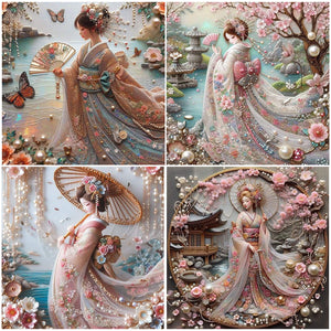 Kimono Beauty Holding Fan-Full Round Diamond Painting-40x40cm