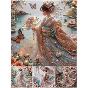 Kimono Beauty Holding Fan-Full Round Diamond Painting-40x40cm