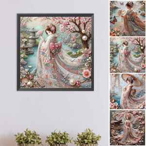 Kimono Beauty Holding Fan-Full Round Diamond Painting-40x40cm