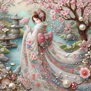 Kimono Beauty Holding Fan-Full Round Diamond Painting-40x40cm