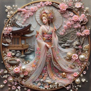 Kimono Beauty Holding Fan-Full Round Diamond Painting-40x40cm