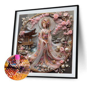 Kimono Beauty Holding Fan-Full Round Diamond Painting-40x40cm