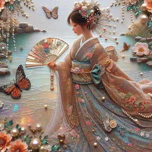 Kimono Beauty Holding Fan-Full Round Diamond Painting-40x40cm