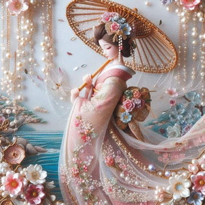 Kimono Beauty Holding Fan-Full Round Diamond Painting-40x40cm