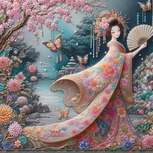 Kimono Beauty Holding Fan-Full Round Diamond Painting-40x40cm