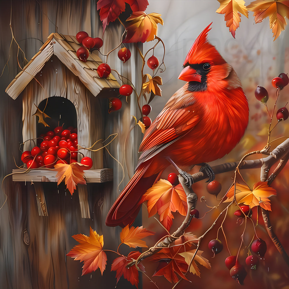 Birdhouse Cardinal-Full Round Diamond Painting-30x30cm