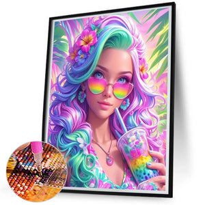 Colorful Girl-Full Round Diamond Painting-45x55cm-1511217