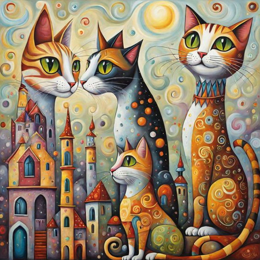 Fantasy Abstract Cat City-Full Round Diamond Painting-40x40cm-1511352