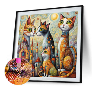 Fantasy Abstract Cat City-Full Round Diamond Painting-40x40cm-1511352