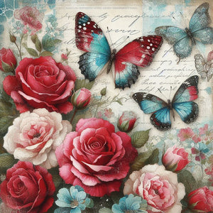 Butterfly And Red Rose-Full Round Diamond Painting-30x30cm