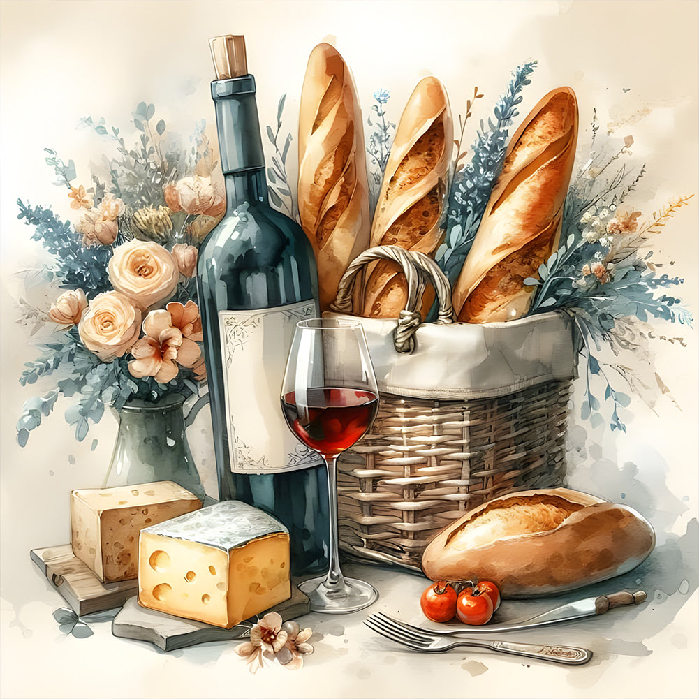 Red Wine Bread-Full Round Diamond Painting-40x40cm-1537055