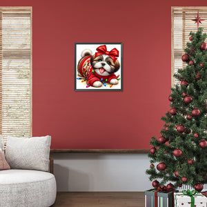 Puppy With Bow And Colorful Lights-Full Round Diamond Painting-30x30cm-1539009