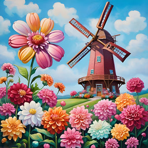 Windmill Flowers-Full Round Diamond Painting-30x30cm