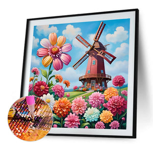 Windmill Flowers-Full Round Diamond Painting-30x30cm