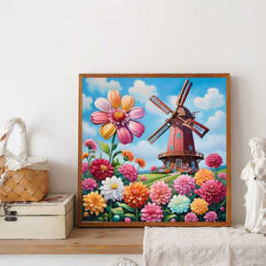 Windmill Flowers-Full Round Diamond Painting-30x30cm