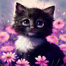 Load image into Gallery viewer, Flowers And Black Cat-Full Round Diamond Painting-30x30cm
