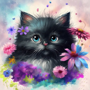 Flowers And Black Cat-Full Round Diamond Painting-30x30cm